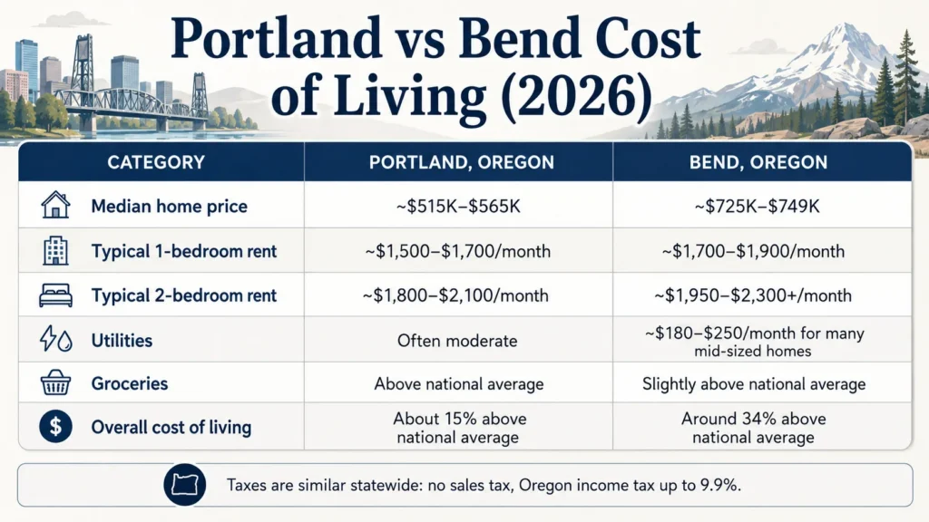 Portland vs Bend Oregon cost of living comparison for 2026