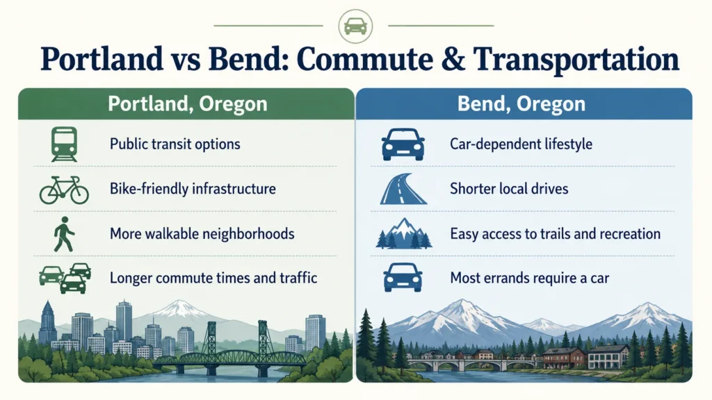 Portland vs Bend commute comparison showing transit, biking, and car-dependent living