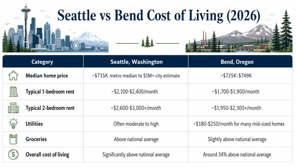 Seattle vs Bend Oregon cost of living comparison for 2026