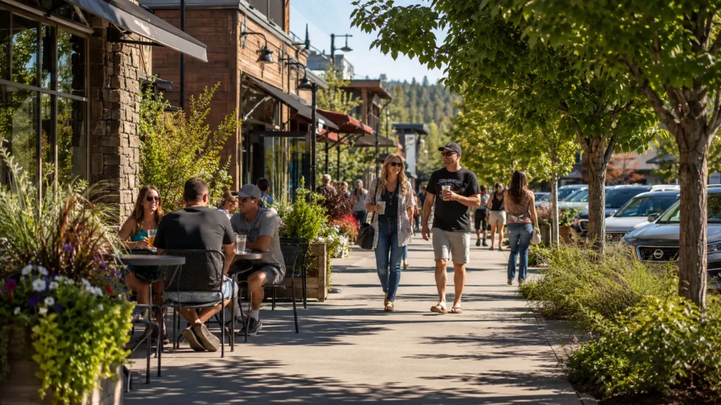 People walking through the NorthWest Crossing village area in Bend Oregon