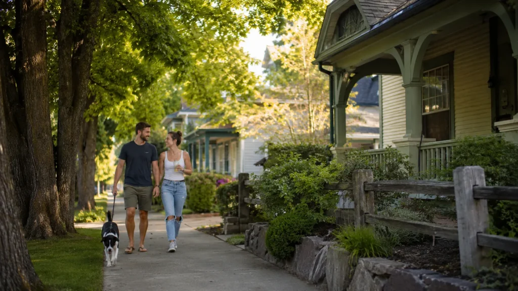 Old Bend buyers walking from a historic home toward downtown Bend and the river