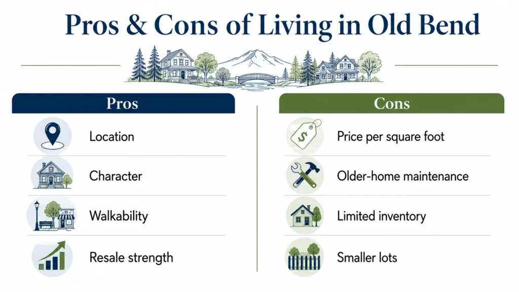 Pros and cons of living in Old Bend Oregon including walkability character and older home maintenance