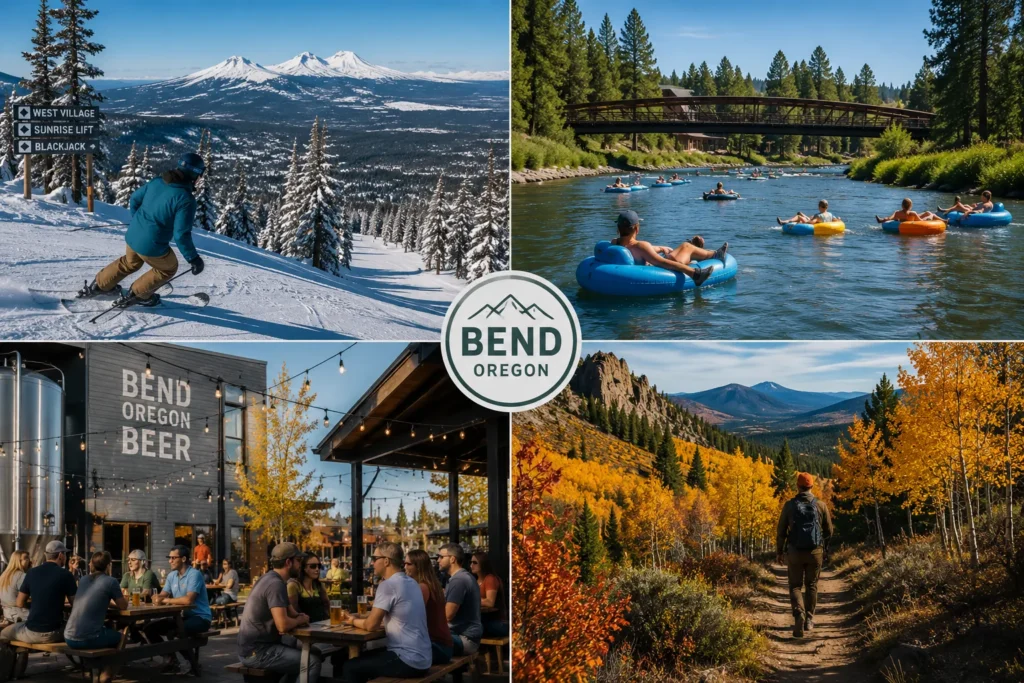 Year-round outdoor recreation in Bend, Oregon — skiing, river floating, and trails