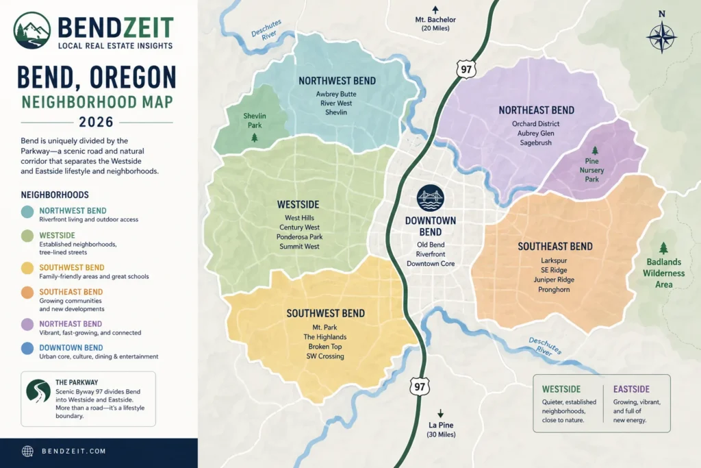 Map of Bend, Oregon neighborhoods showing Westside and Eastside areas