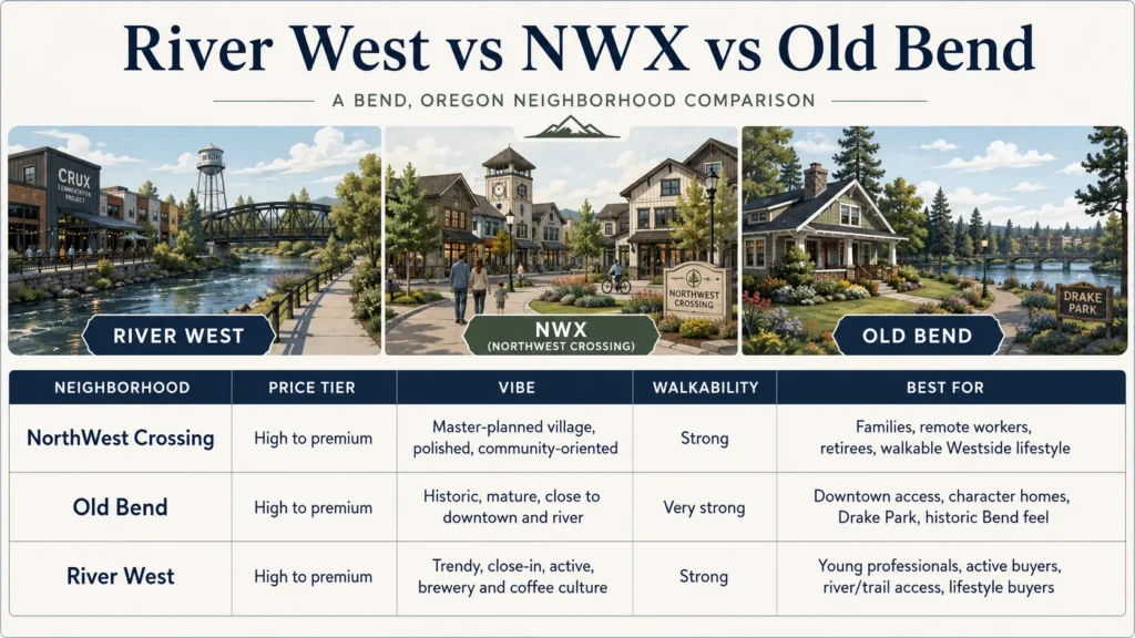 River West vs NorthWest Crossing vs Old Bend neighborhood comparison in Bend Oregon