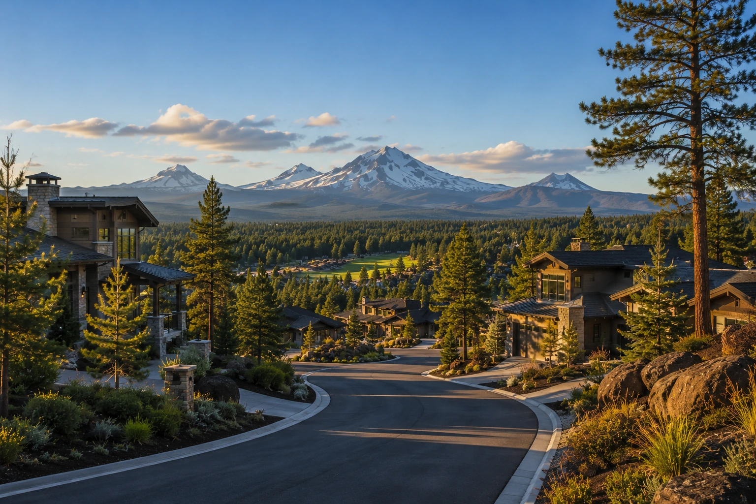 Tree-lined streets and luxury homes in Awbrey Butte Bend Oregon