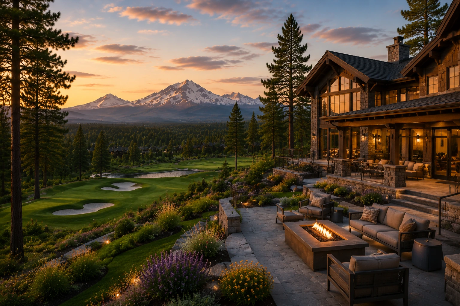 Tree-lined streets inside Broken Top neighborhood Bend Oregon