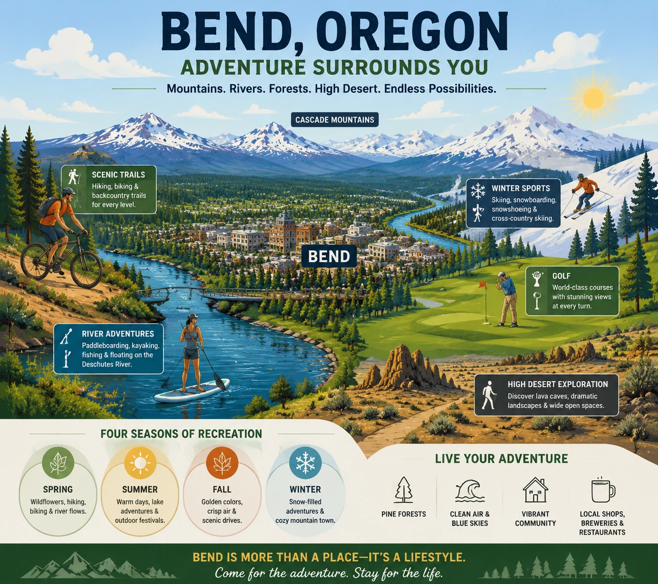 Overview of Bend Oregon's outdoor recreation landscape including rivers, forests, mountains, and trails.