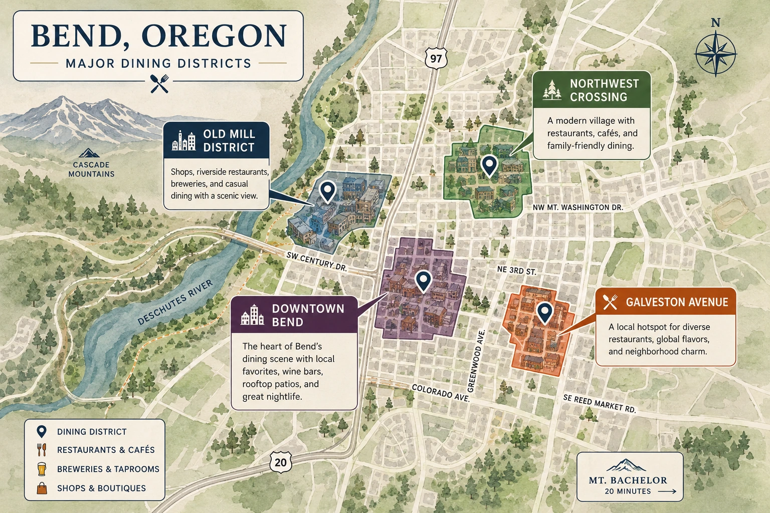 Map showing the primary restaurant and dining neighborhoods throughout Bend, Oregon.