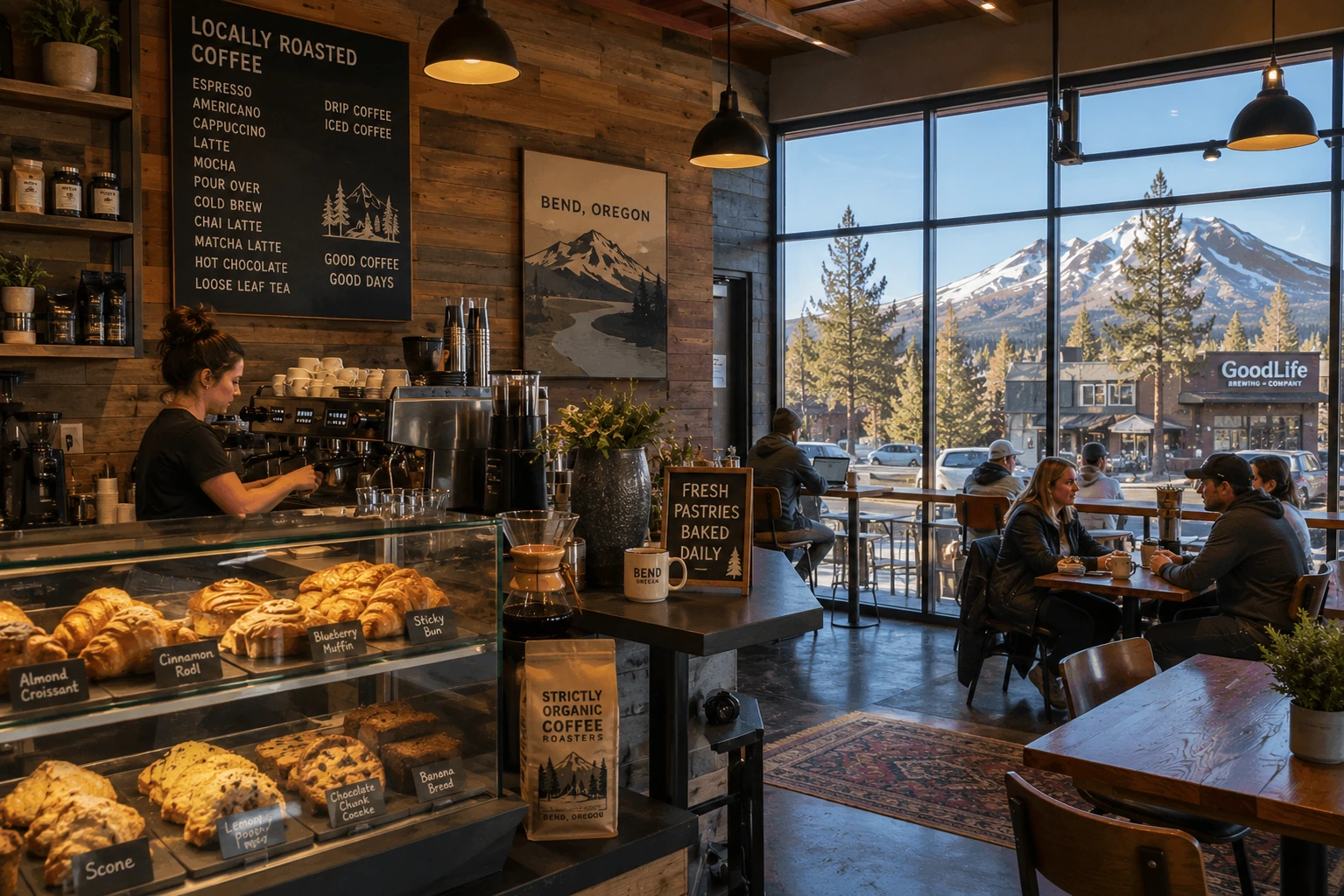 Local coffee shop in Bend Oregon serving artisan coffee and fresh breakfast pastries.