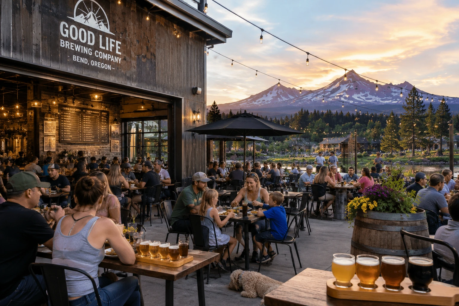 Craft brewery patio in Bend Oregon with outdoor seating and Cascade Mountain views