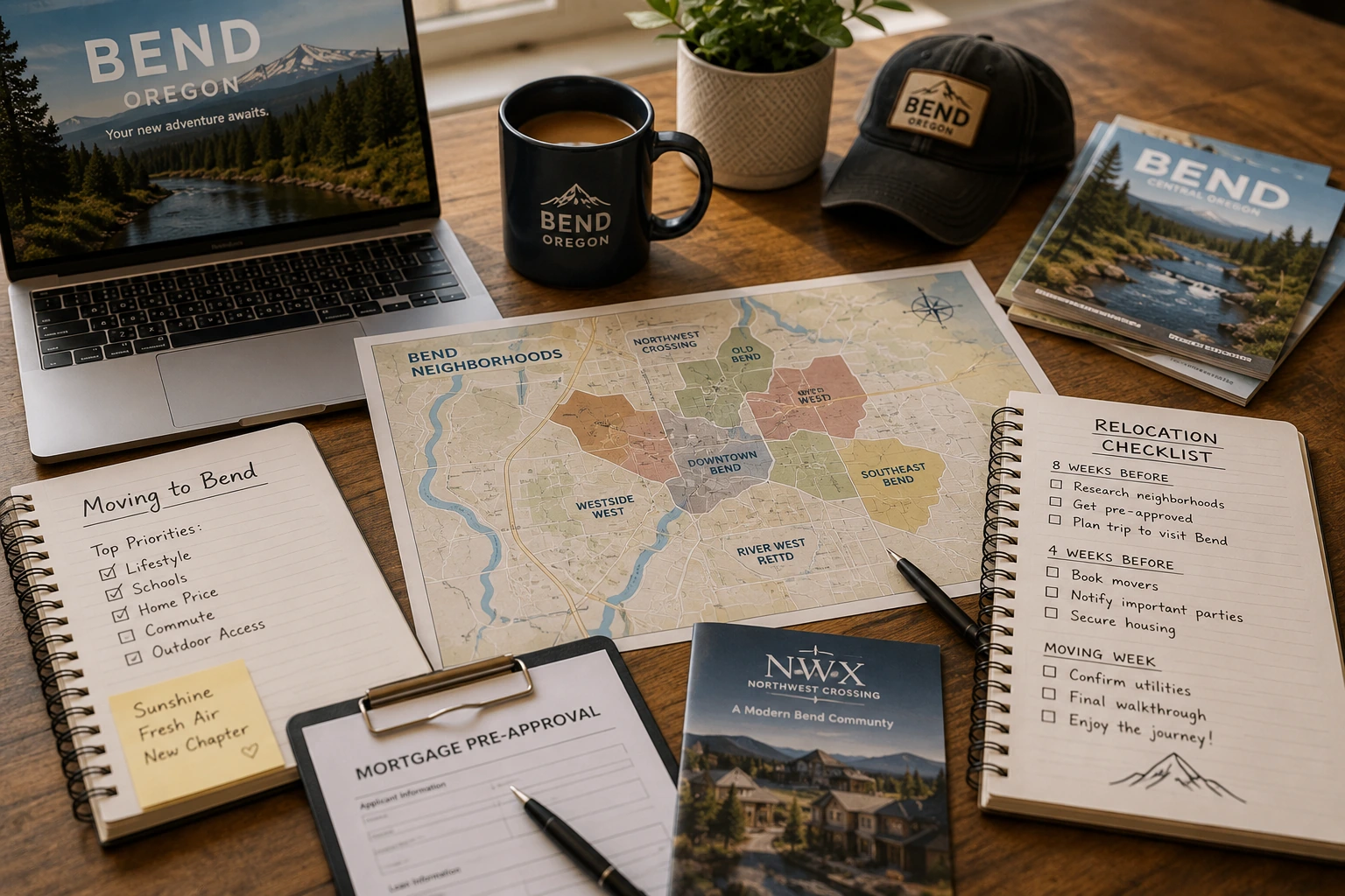 Planning a move to Bend, Oregon, with neighborhood maps, financial documents, and a relocation checklist.
