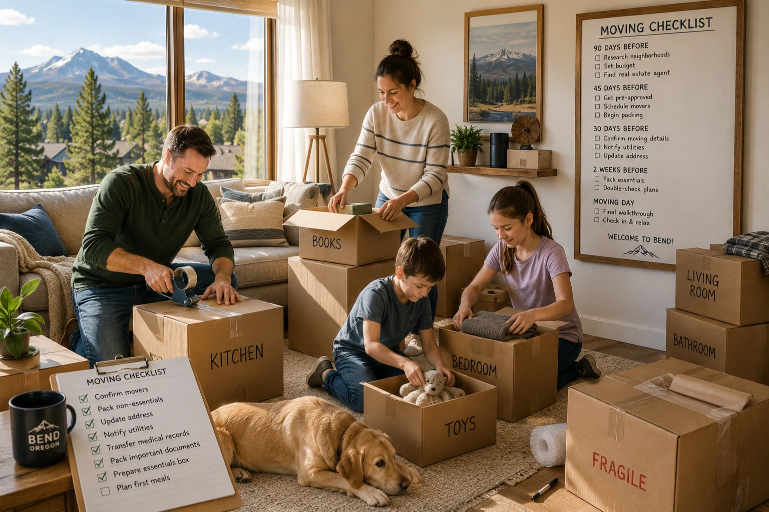 Family packing organized moving boxes before relocating to Bend Oregon.