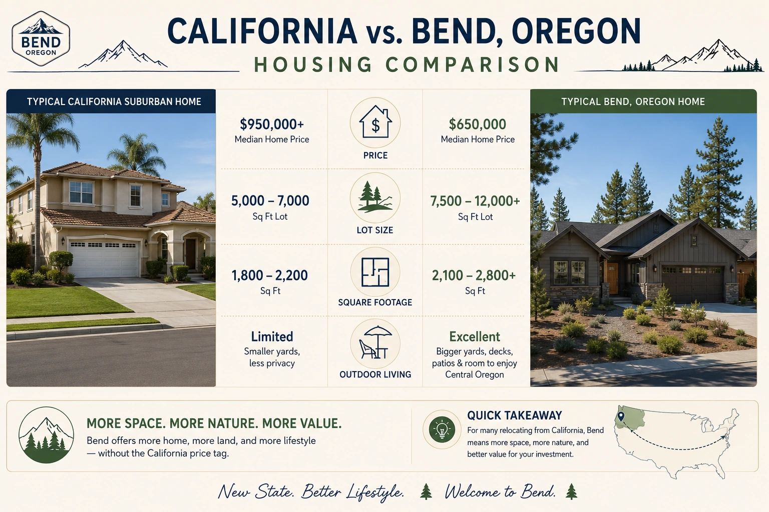 Housing comparison between Bend, Oregon, and California showing home prices, lot sizes, and living space.