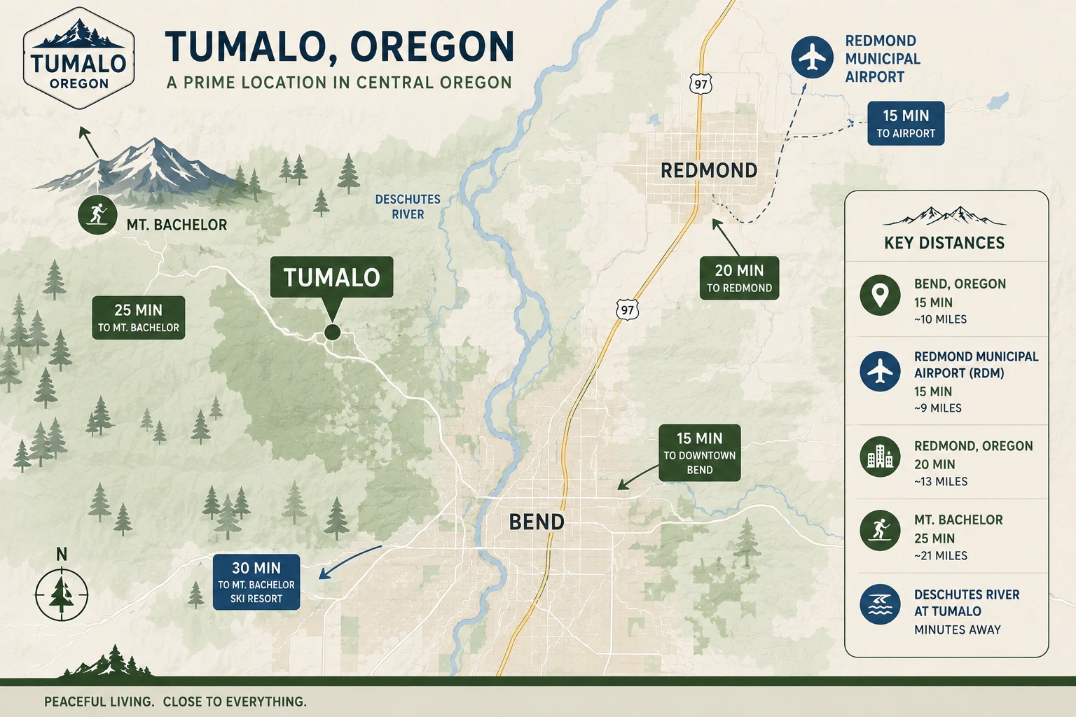 Map showing Tumalo, Oregon's location near Bend, Redmond, and Central Oregon attractions.