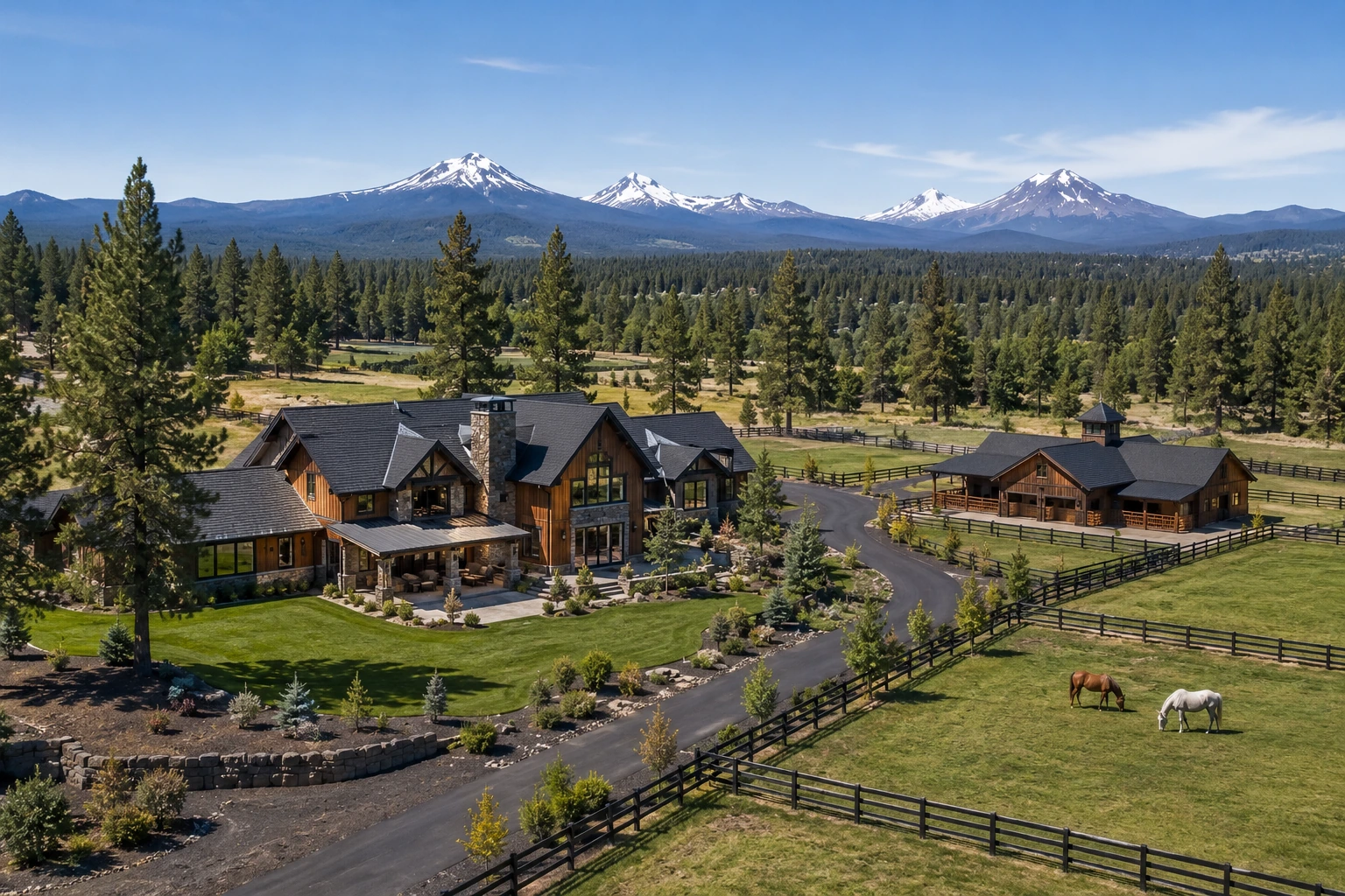 Luxury acreage home and horse property in Tumalo, Oregon, with Cascade Mountain views.