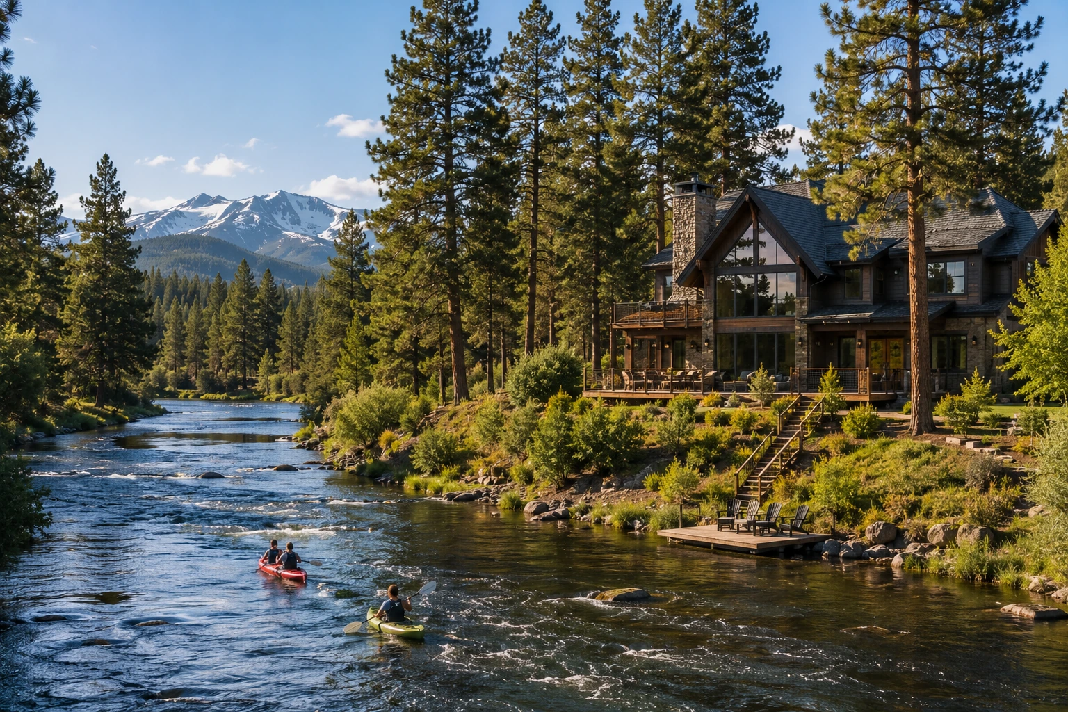 Riverfront home in Three Rivers, Oregon, with pine forest, kayaking, and scenic Central Oregon surroundings.