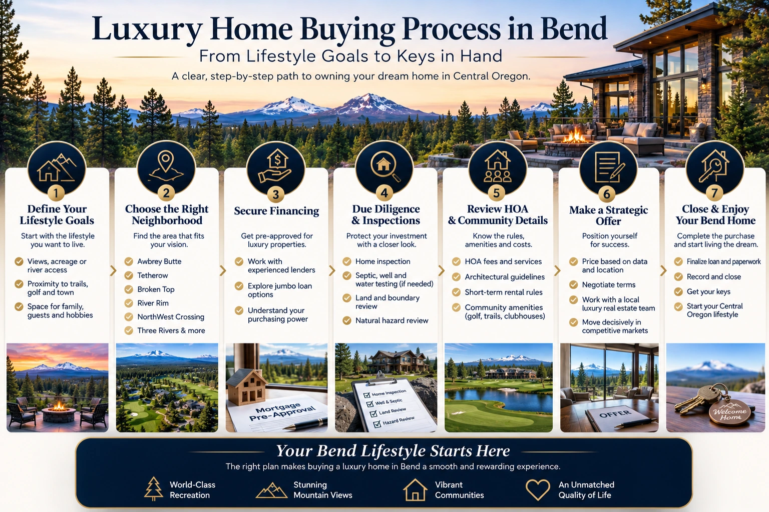 Luxury home buying process in Bend Oregon from neighborhood selection to closing.