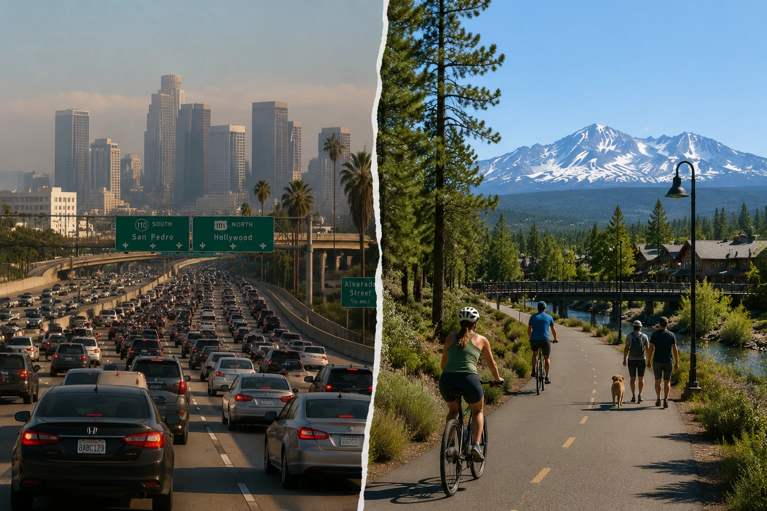 Lifestyle comparison between California city living and Bend, Oregon, outdoor living.