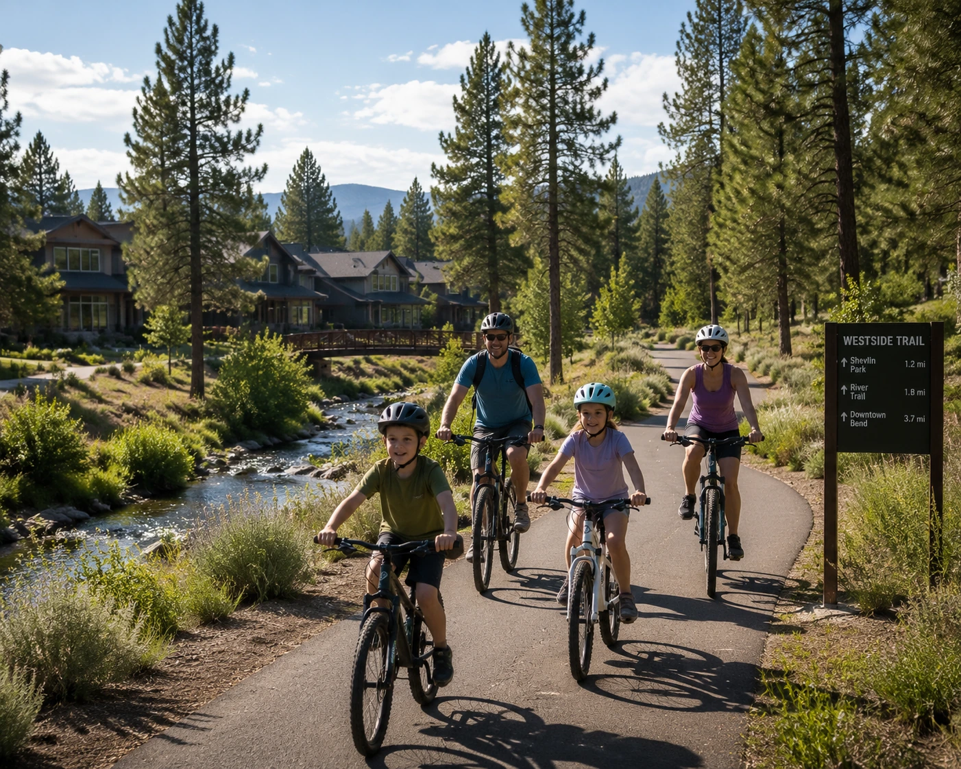 Summit West Bend, Oregon lifestyle with families biking near parks and westside trails.