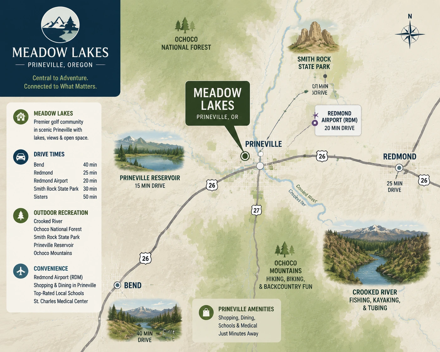 Map showing Meadow Lakes, Prineville, Oregon, near Bend, Redmond, Crooked River, and Central Oregon recreation.