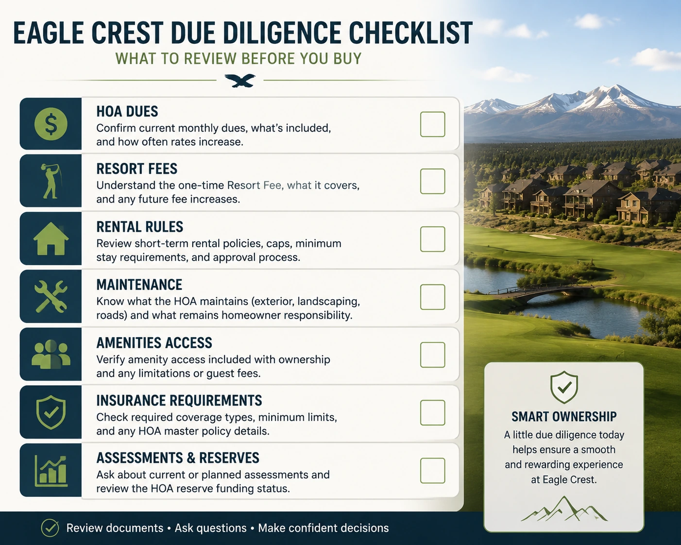 Eagle Crest Resort buyer due diligence checklist for HOA fees rental rules and ownership costs.