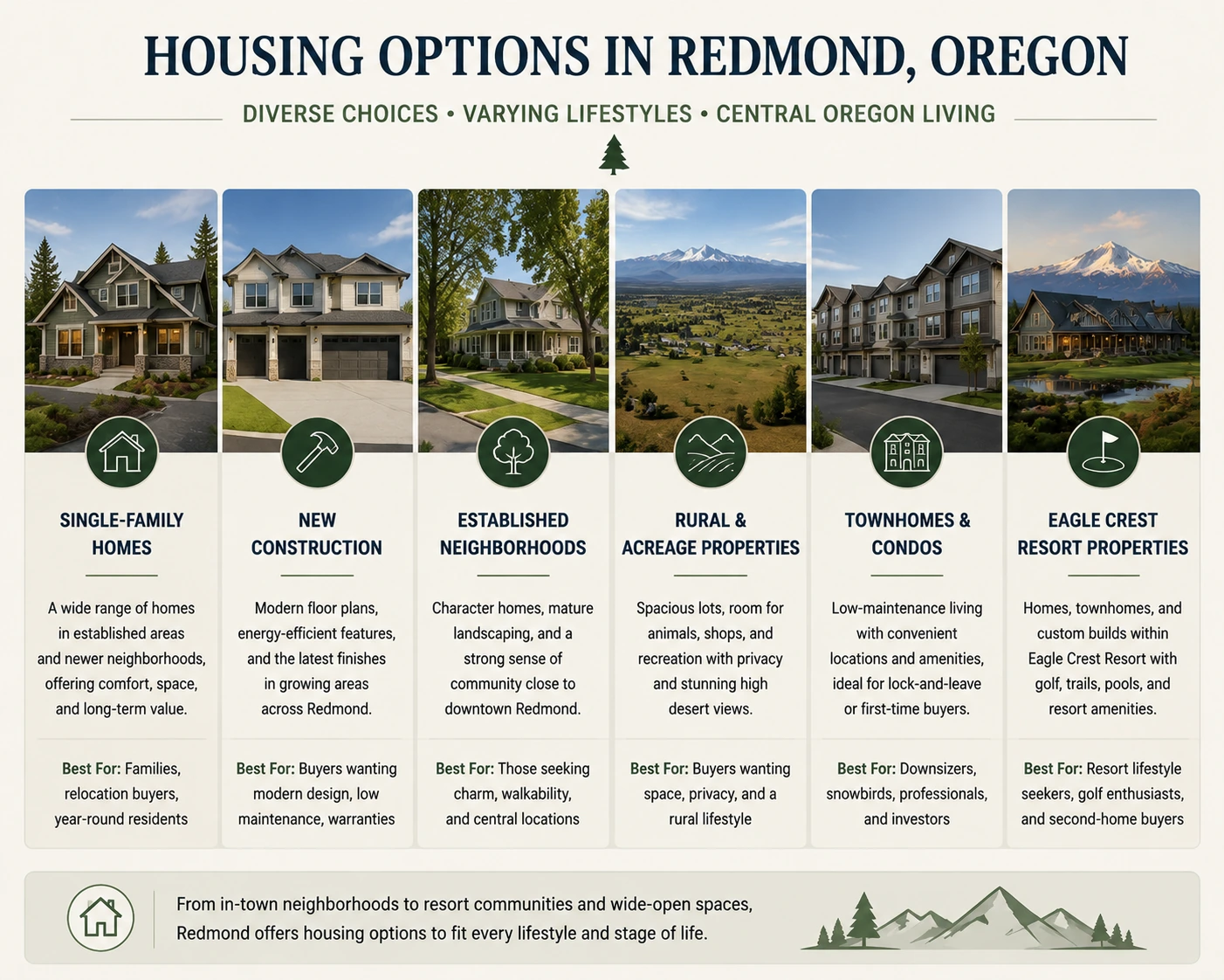 Types of homes for sale in Redmond, Oregon, including new construction, acreage townhomes, and resort homes.