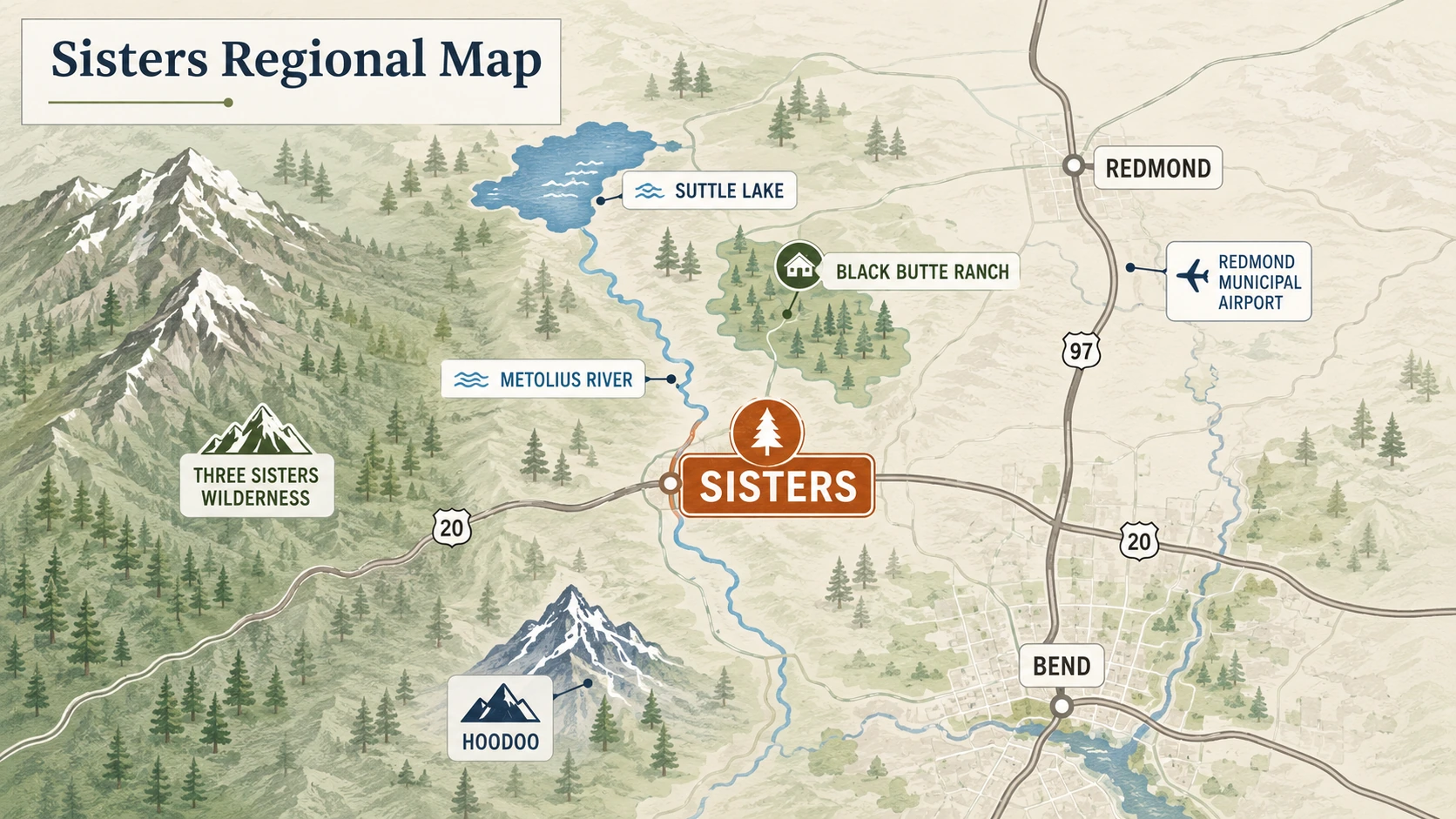 Map showing Sisters, Oregon, near Bend, Redmond, Cascade recreation areas, and Redmond Airport.