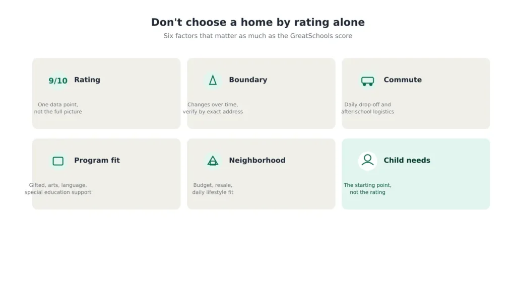 Bend school research checklist showing ratings boundaries commute programs and neighborhood fit