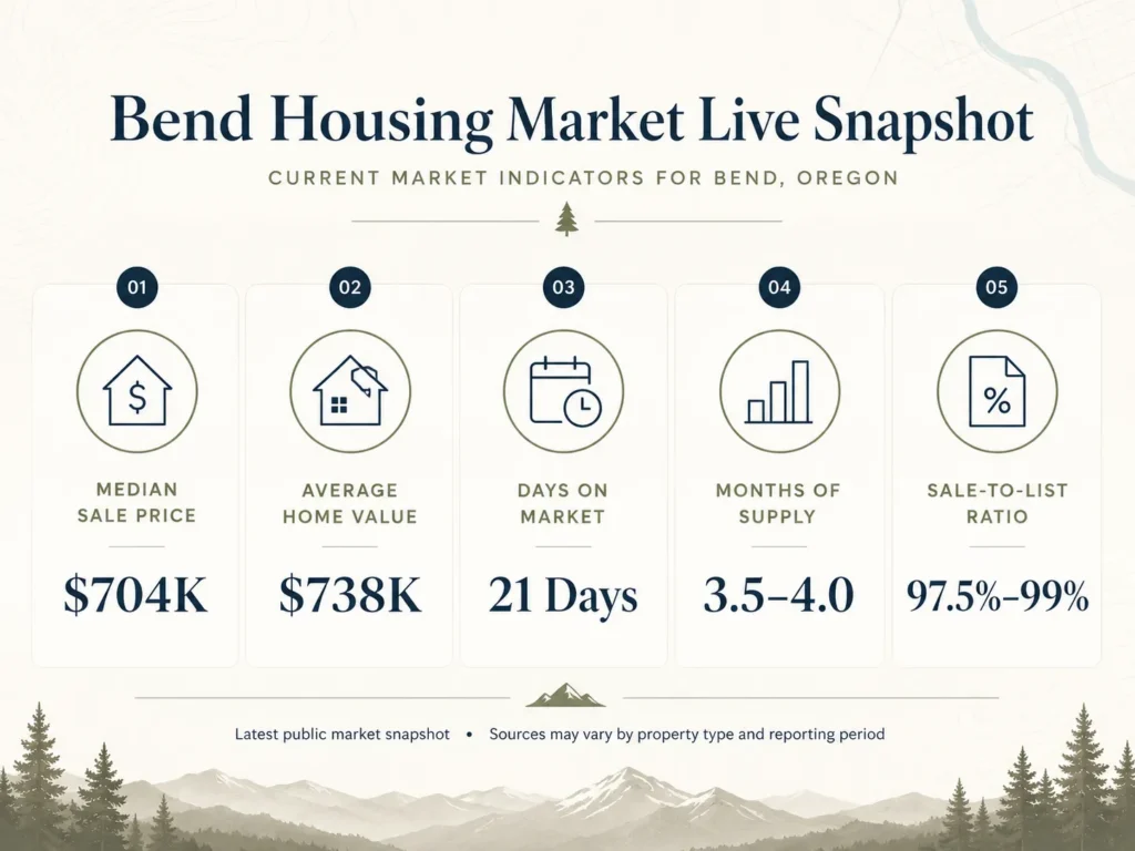 Bend Oregon housing market live snapshot with median price days on market inventory and sale to list ratio