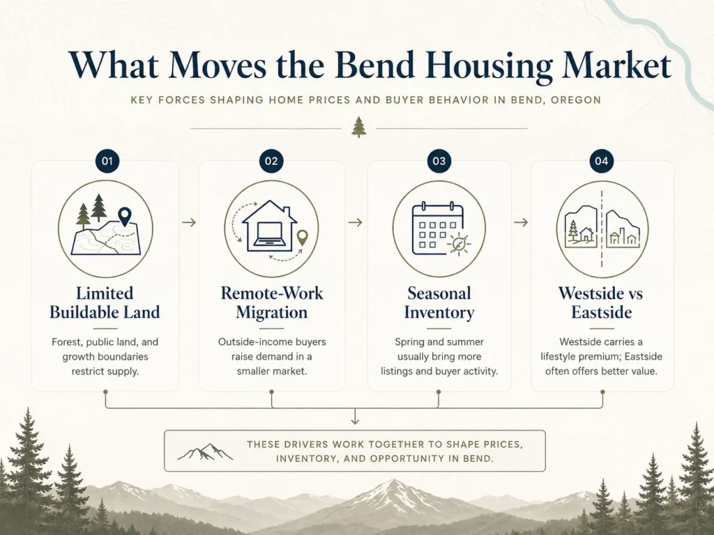 Factors moving the Bend Oregon housing market including land constraints remote work seasonal inventory and neighborhood pricing