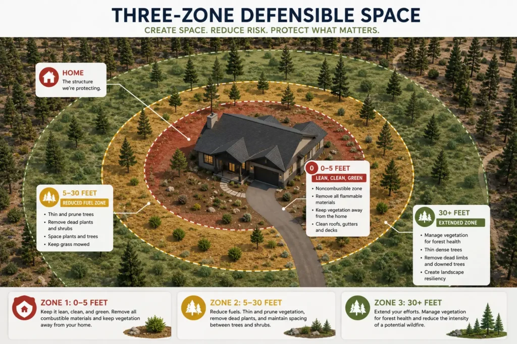 Defensible space zones around a Bend, Oregon home.