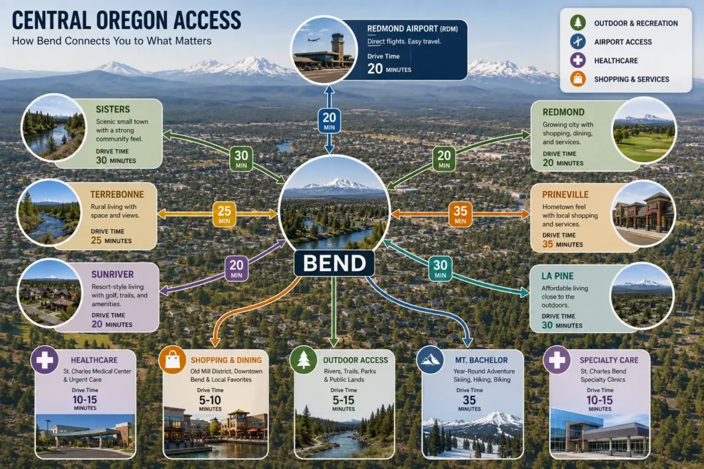 Commute and regional access from communities near Bend, Oregon.