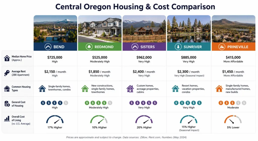 Comparison of home prices and rent across Central Oregon cities.