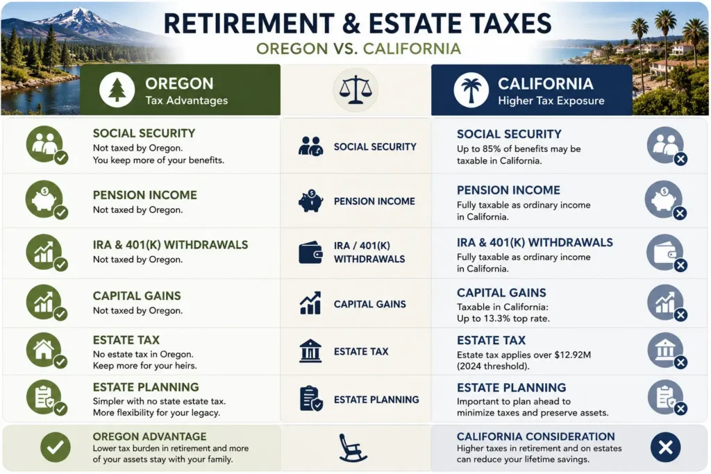 Oregon vs California retirement and estate-tax comparison.